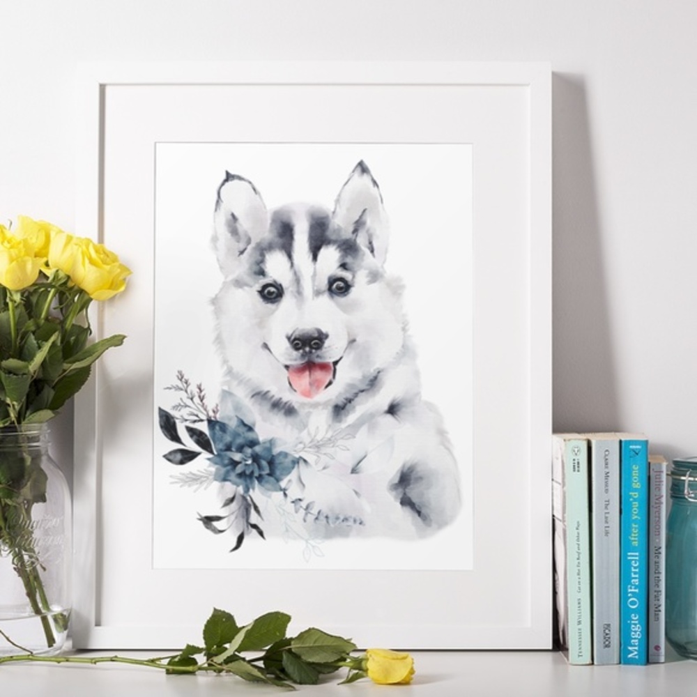 Watercolor Wall Art Husky Puppy Portrait Print Unframed - Picture 3 of 8